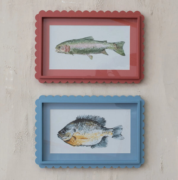 Wood Framed Glass Scalloped Wall Décor w/ Fish Image, 2 Styles ©
